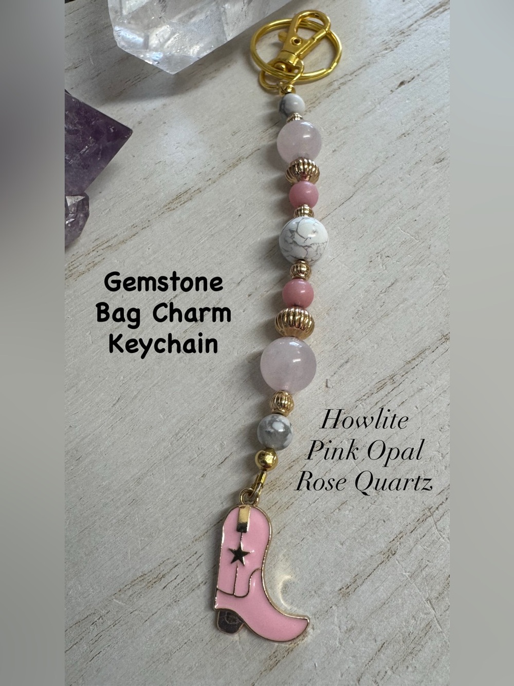 2/$35- Hand Crafted Pink Opal Rose Quartz Howlite Gemstone Bag Charm Keychain